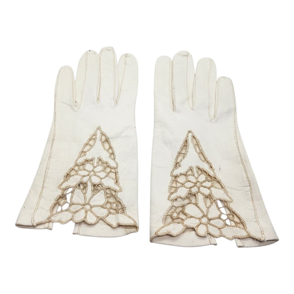 Vintage White Leather Gloves Womens Floral Lace Cutout Insert Wrist